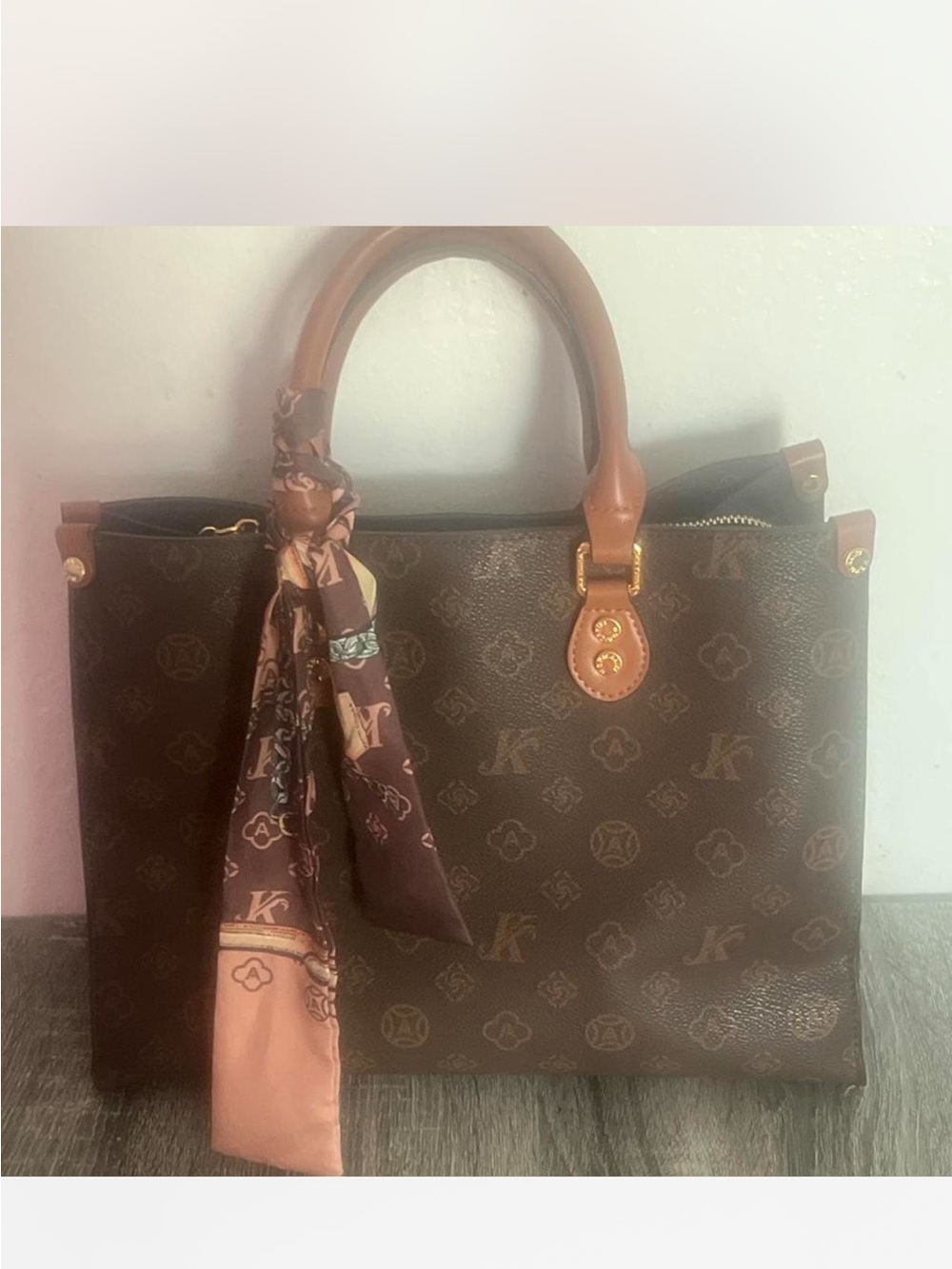 Leather Monogram Tote Bag with Scarf - Brown